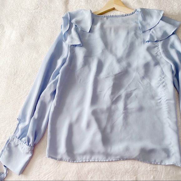 Zara Soft Blue Ruffle Neck Button Down Flared Sleeve Blouse - Picture 9 of 11